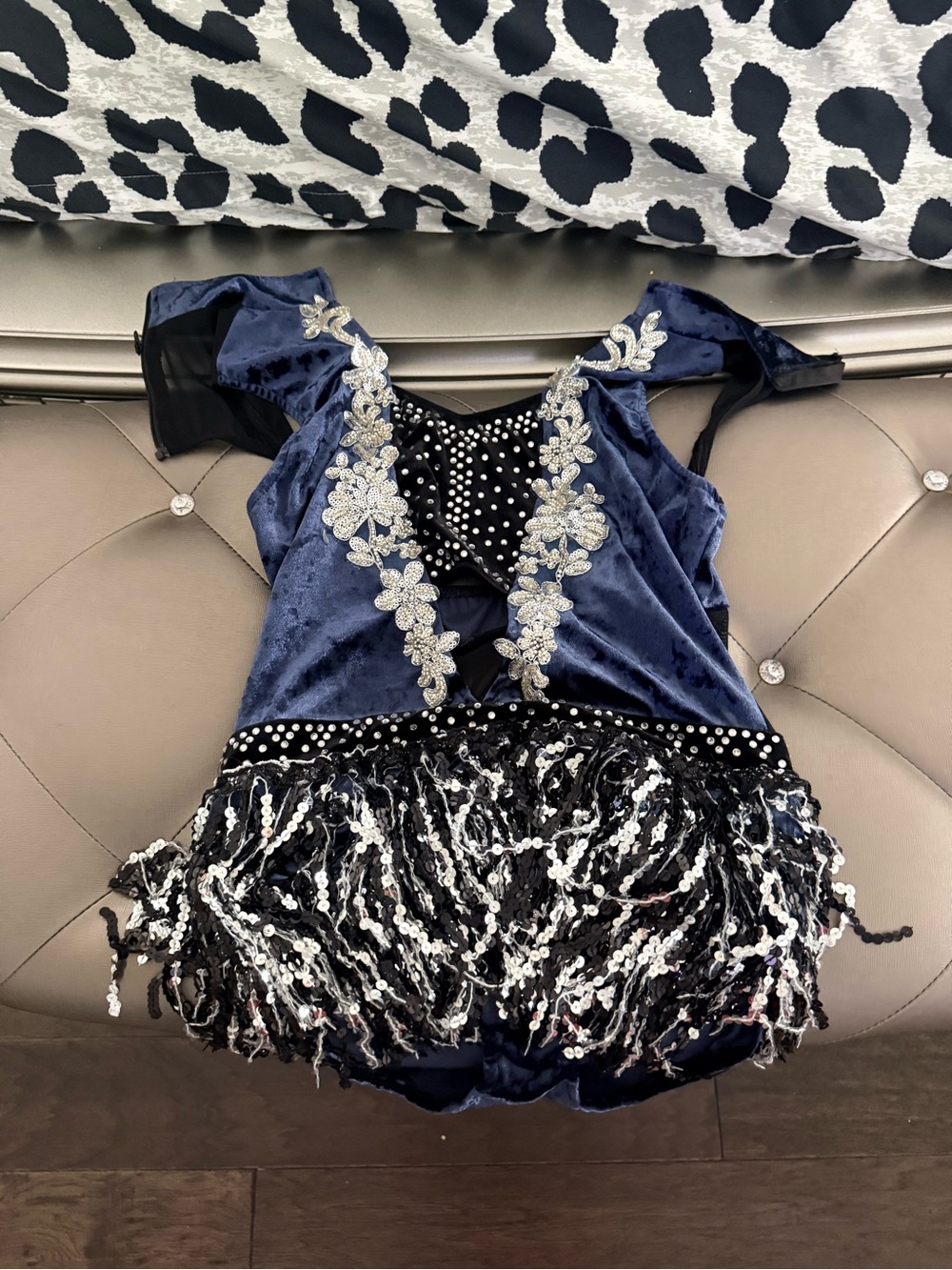 Navy Sequin with appliqué Fringe  solo dance Costume with Silver Appliqué